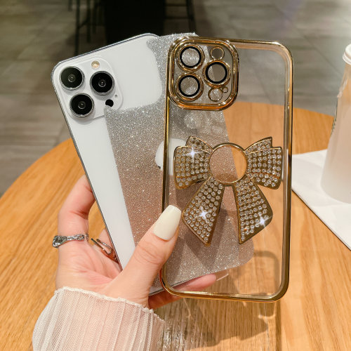 Luxury Electroplated Glitter Diamond Bowknot Logo Hole Case for iPhone 11 12 13 14 15 Pro Max Plating Edges Gradient Color Cover