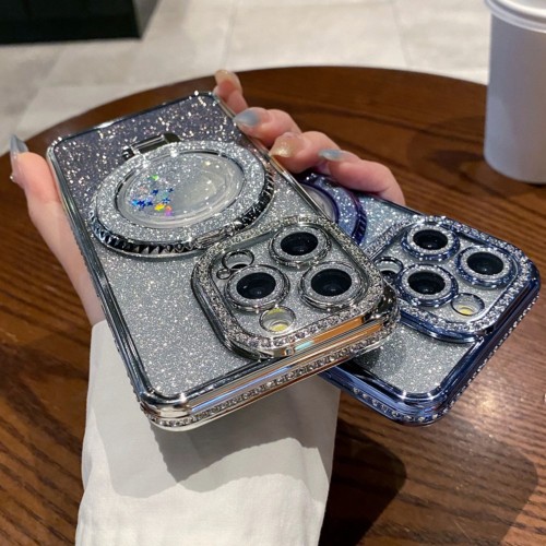 Luxury Rhinestone Bling Sequin Quicksand Case For iPhone 16 15 14 13 12 11 Pro Max Plus For Magsafe Wireless Charge Bracket Cover