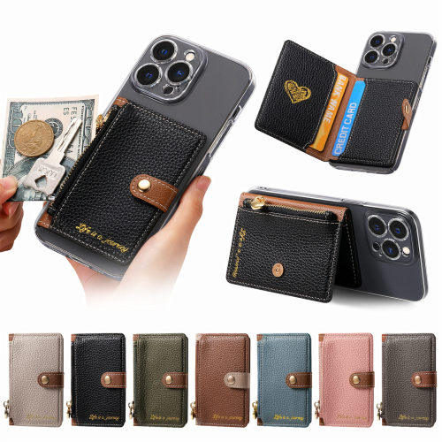 PU Leather Phone Holder Flip Wallet Card Slots Phone Back Sticker with Zipper Storage Design for Mobile Phone iPhone Samsung
