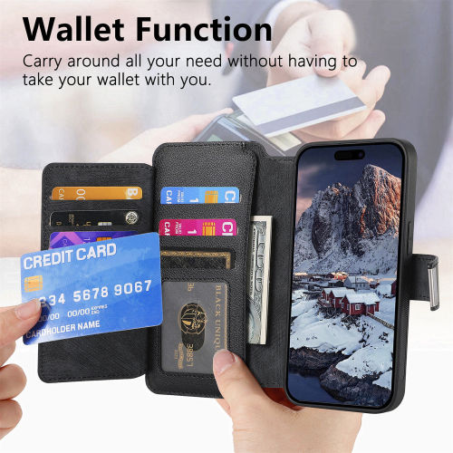 For iPhone 15 14 13 12 11 XS Max XR 8 7 6 Plus Wallet Case, Zipper Storage Design, Detachable Magnetic Flip Folio Cover