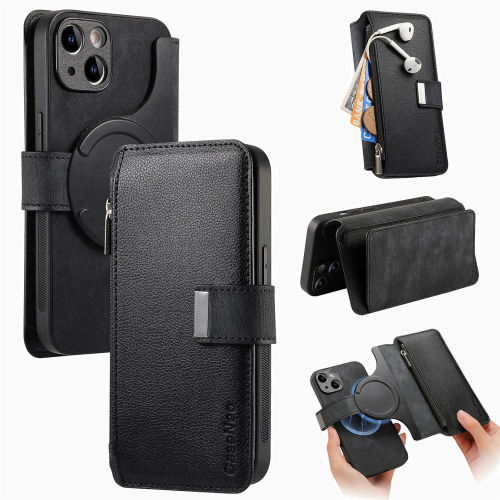 For iPhone 15 14 13 12 11 XS Max XR 8 7 6 Plus Wallet Case, Zipper Storage Design, Detachable Magnetic Flip Folio Cover