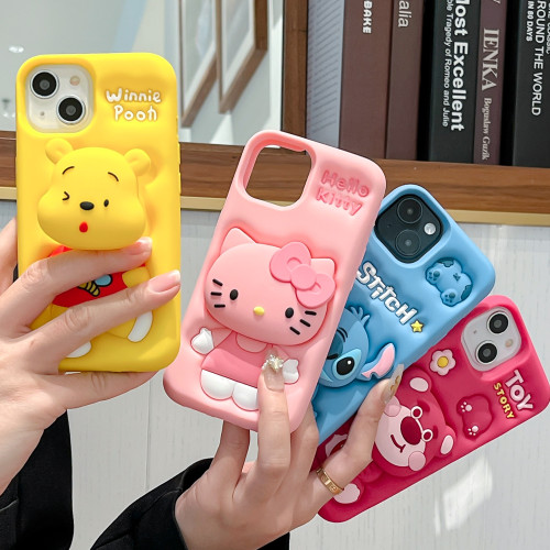For iPhone 15 Pro Max 15 11 12 Pro 13 14 Pro Max 13Pro 3D Stitch Kitty Face Grip Tok Holder Cartoon Silicon Soft Phone Case