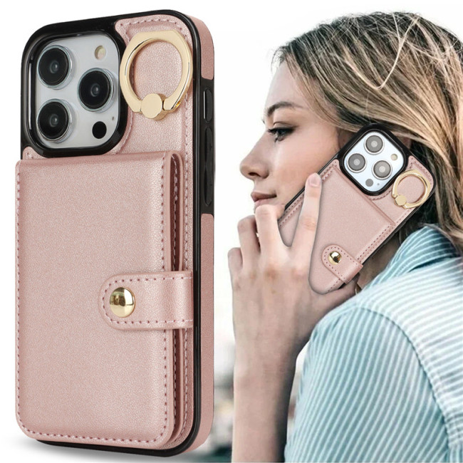 Luxury Ring PU Leather Wallet Card Phone Case for iPhone 17 Air 16  15 Pro Max 14 Plus 13 Mini 12 11 X XS XR SE 2022 8 7 Flip Satnd Cover