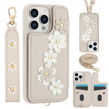 Crossbody Cards Solt Wallet Leather Case For iPhone 17 Air 16 15 Pro Max 14 13 12 11 XR XS 7 8 Plus SE 2022 3D Flower Wrist Strap Cover