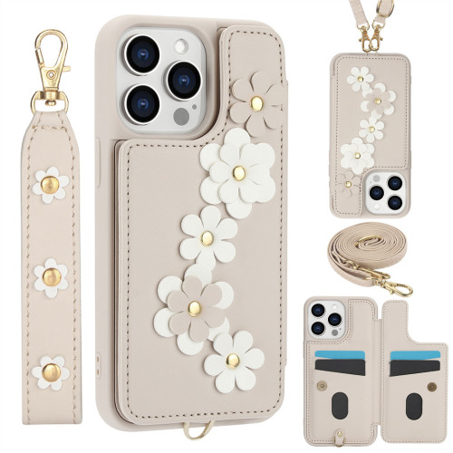 Crossbody Cards Solt Wallet Leather Case For iPhone 15 Pro Max 14 13 12 11 XR XS 7 8 Plus SE 2022 3D Flower Wrist Strap Cover