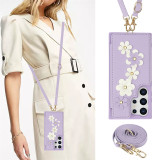 Crossbody Wrist Strap Flower Cover Case for Samsung Galaxy S24 S22 Ultra Plus S23 FE A15 A35 A55 A14 A54 A34 Card Holder Bag