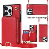 Lanyard Leather Zipper Wallet Card Phone Case for iPhone 17 AIr 16 15 14 Pro Max 13 12 Mini 11 XS XR X SE 2022 8 7 6 Plus Flip Stand Cover