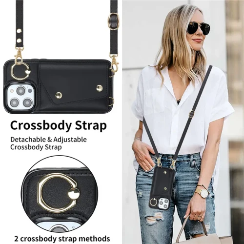Lanyard Leather Zip Wallet Card Phone Case for iPhone 15 Pro Max 14 Plus 13 Mini 12 11 X XR XS SE 2022 8 7 Ring Flip Stand Cover