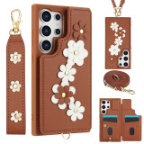 Crossbody Wrist Strap Flower Cover Case for Samsung Galaxy S24 S22 Ultra Plus S23 FE A15 A35 A55 A14 A54 A34 Card Holder Bag