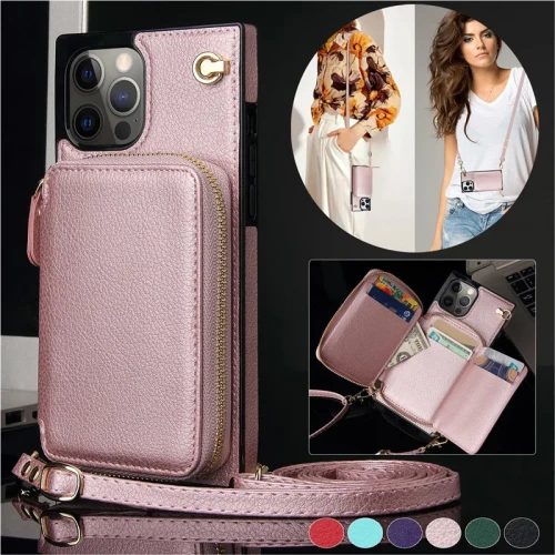 Lanyard Leather Zipper Wallet Card Phone Case for iPhone 15 14 Pro Max 13 12 Mini 11 XS XR X SE 2022 8 7 6 Plus Flip Stand Cover