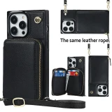 Lanyard Leather Zipper Wallet Card Phone Case for iPhone 17 AIr 16 15 14 Pro Max 13 12 Mini 11 XS XR X SE 2022 8 7 6 Plus Flip Stand Cover