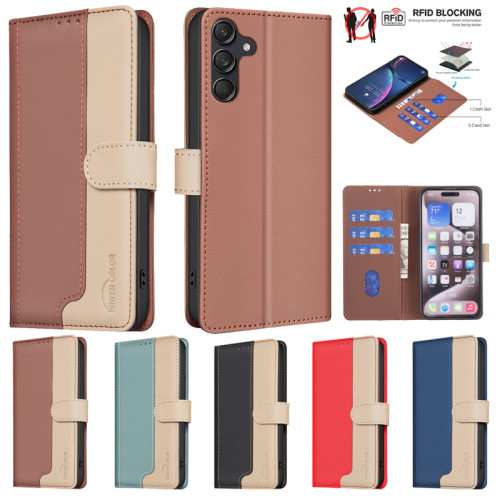 For Galaxy S24+ Color Block Phone Case for Samsung Galaxy S24 S23+ S22+ Ultra S23 FE S22Plus Leather Flip Case Card Pocket Funda