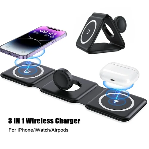 3-in-1 Wireless Charging Station for Apple MagSafe Charger, Foldable Magnetic Travel Charger for iPhone Apple Watch AirPods Pro