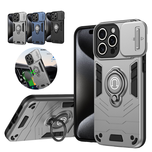 Phone Case For iPhone15 11 13 12 14 Pro Max 15 Plus Magnetic Slide Camera Protection 360 Rotate metal Kickstand Ring Armor Cover