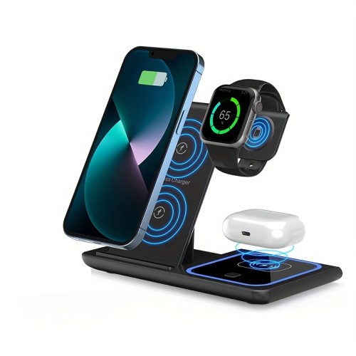 3 In 1 Foldable Wireless Charger Stand Pad LED Light 30W Fast Charging Station For iPhone 15 14 13 12 8 X iWatch 9 8 7 Airprods