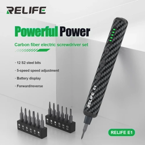 RELIFE E1 Powerful Carbon Fiber Electric Screwdriver Set With 12Pcs S2 Steel Bits For Mobile Phone Screw Disassembly Tool Kit