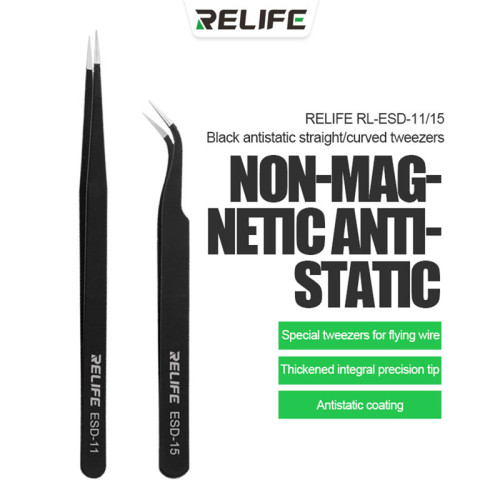 Relife RL ESD 11 15 Precision Black Antistatic Tweezers Straight Curved Non-magnetic Stainless Steel Forceps Repair Tools