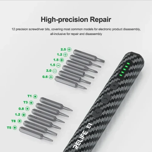 RELIFE E1 Powerful Carbon Fiber Electric Screwdriver Set With 12Pcs S2 Steel Bits For Mobile Phone Screw Disassembly Tool Kit