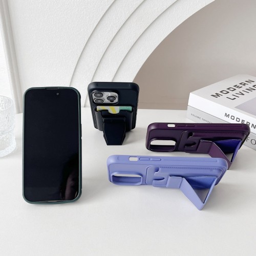 Invisible Bracket Leather Case for iPhone 15 Pro Max 14 Plus 13 12 11 XR Xs Max Magnetic Car Mount Card Holder Stand Back Cover