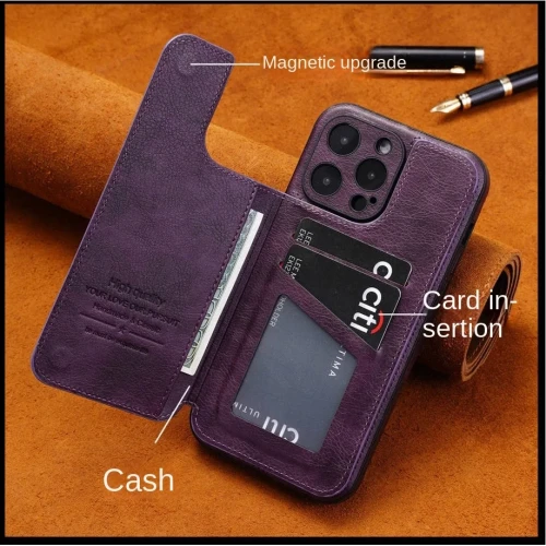 High-end Cowhide Leather Case for iPhone 14 Pro Max 15 Pro 14 Plus 13 12 11 Camera Lens Protective Card Slot Holder Flip Cover