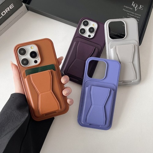 Invisible Bracket Leather Case for iPhone 15 Pro Max 14 Plus 13 12 11 XR Xs Max Magnetic Car Mount Card Holder Stand Back Cover