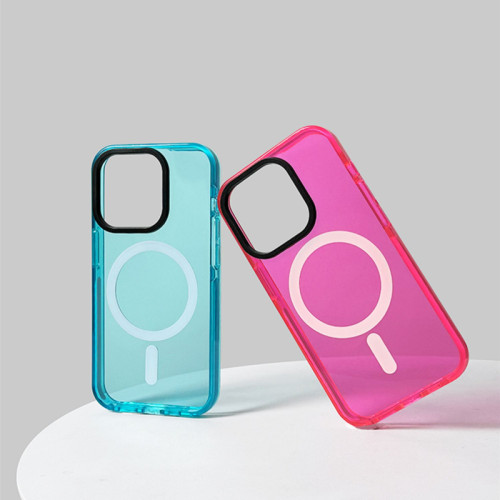 Neon Color Clear Crystal MagSafe Phone Case for iPhone 15 15pro max 14 Pro 13 11 12 Wireless Charging Soft Silicone Bumper Cover