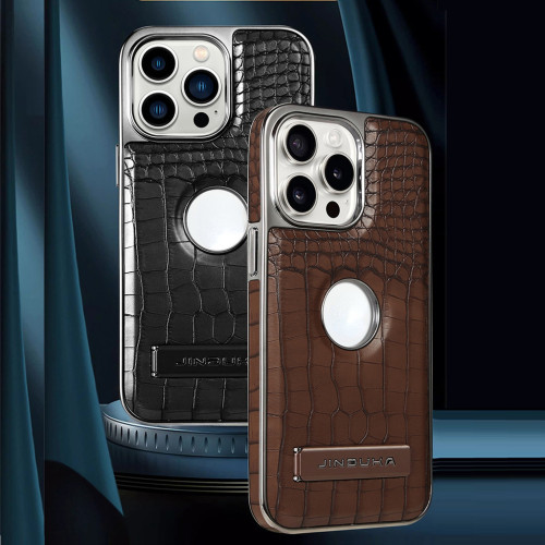 Bracket Stand Holder Crocodile Grain Leather Case for iPhone 15 Pro Max 14 Pro 13 12 Flip Electroplated Lens Protective Cover