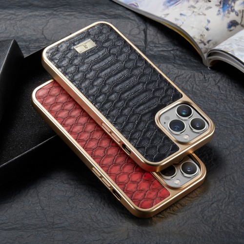 Snake Texture Leather Phone Case for iPhone 15 Pro Max 14 Plus 13 Pro 12 11 Luxury Plating Bumper Shockproof Hard Back Cover