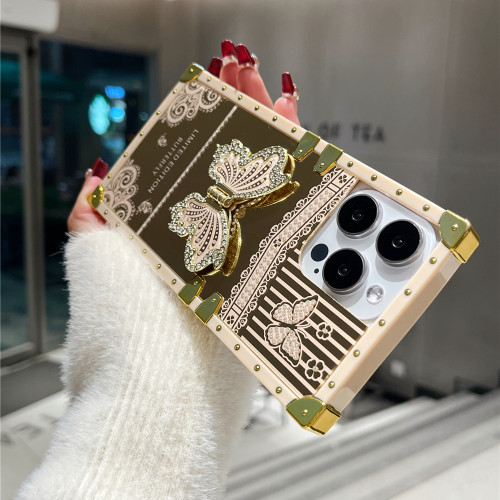 Cute Mirror Square Phone Case For iPhone 15 14 Plus 13 12 11 Pro Max Luxury Bling Glitter Butterfly Foldable Stand Bracket Cover