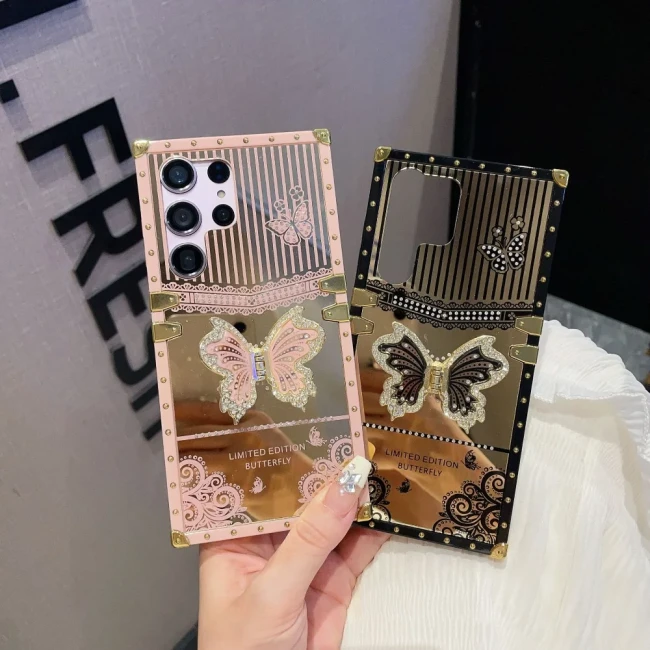 For Samsung Galaxy S23 FE S24 S22 S21 Ultra Plus A73 A72 A54 A53 A52 S A34 A33 A23 A15 A14 A13 A24 Butterfly Stand Square Cover