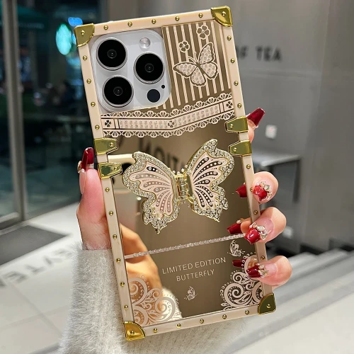 Cute Mirror Square Phone Case For iPhone 15 14 Plus 13 12 11 Pro Max Luxury Bling Glitter Butterfly Foldable Stand Bracket Cover