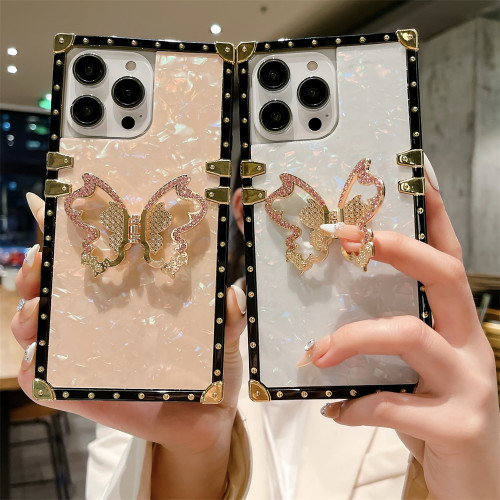 Square Shiny Shell 3D Diamond Butterfly Holder Silicone case for iPhone 16 15 14 Pro Max 11 12 Mini 13 Xs Xr 7 8Plus X Se Luxury cover