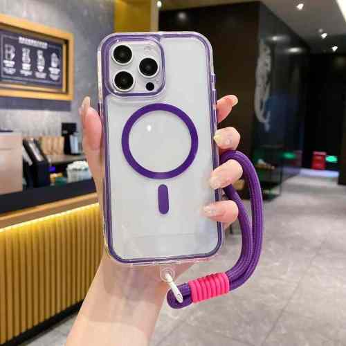 Transparent Design Wireless Stand Holder Chain Mobile Phone Cover for iPhone 14 15 16  Clear Lanyard phone case