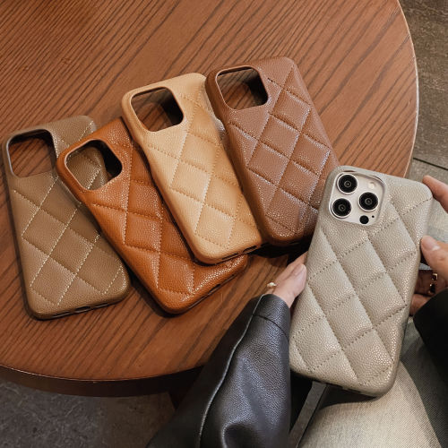 Fashion 3D Grid PU Leather Phone Case for iPhone 16 Pro Max 13 14 15 Branded Rhombus Autumn Maillard Color Cover New Hot Shell
