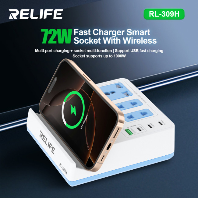 Relife RL-309H QC&PD Integrated Fast Charger 72W Desktop Smart Socket With 15W Wireless Charging For Mobile Phone Tablet Laptops