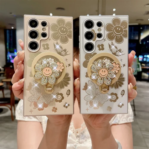 Fashion Butterfly Flower Ring Stand Phone Case For Galaxy S25 S24 S23 S22 Ultra Z Flip 6 5 4 Z Fold 6 5 4 Magnetic Wireless Charging Case
