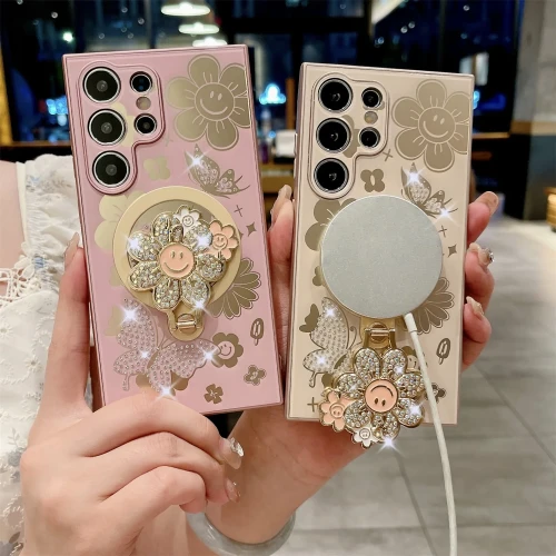Fashion Butterfly Flower Ring Stand Phone Case For Galaxy S25 S24 S23 S22 Ultra Z Flip 6 5 4 Z Fold 6 5 4 Magnetic Wireless Charging Case