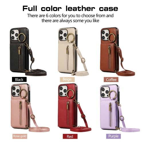 Crossbody Zipper Wallet Ring Phone Case For IPhone 17 Air  16 15 Pro Max 14 Plus 11 13 12 Mini XS XR 7 8P 6G 6SP Leather with Card Holder Cover