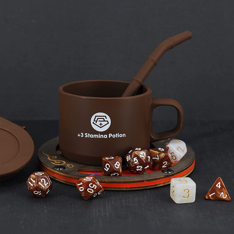 DND Coffee & Sugar Themed Dice Set Pathfinder and Tabletop RPG 14 PCS with +3 Stamina Potion Silicone Mug for Storage 7 Acrylic Resin Polyhedral Gaming Dice for Dungeons and Dragons 