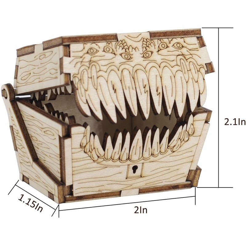 DND Mimic Chest Dice Jail Prison with a Random Polyhedral Dice Set Wood