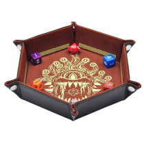 D&D Dice Tray PU Leather Hexagon Dice Holder Printed with Beholder Portable and Foldable Dice Rolling Mat for Board Game and Tabletop RPG