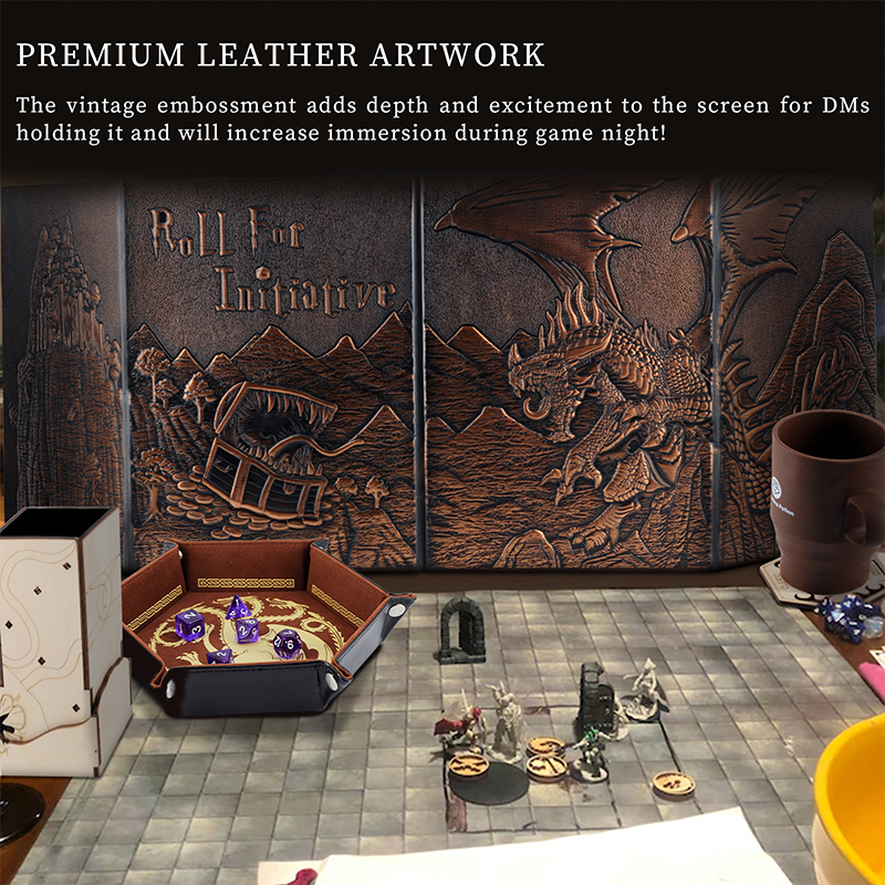 Luazuri DM Screen 5e – Écran De Maître De Donjon En Cuir – 4 Panneaux – Aimants Intégrés – Planche Effaçable – Accessoire D&D – 41,73 X 11,81 Pouces