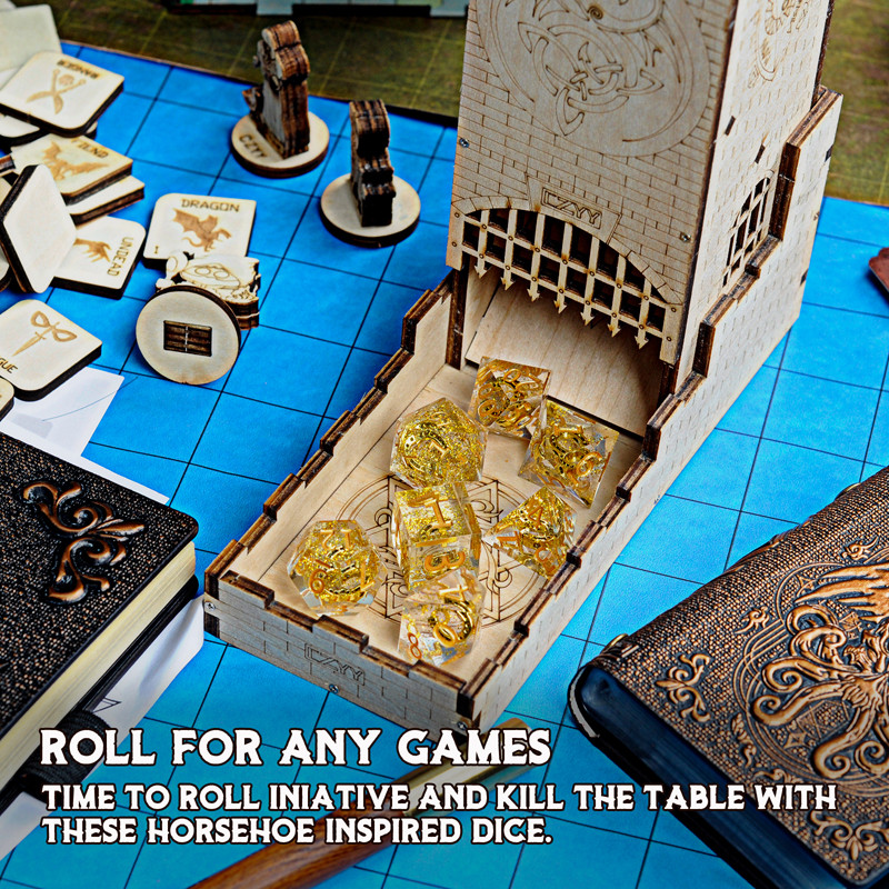 DND Dice Set Transparent Resin Sharp Edge Filled with Lucky Horseshoe