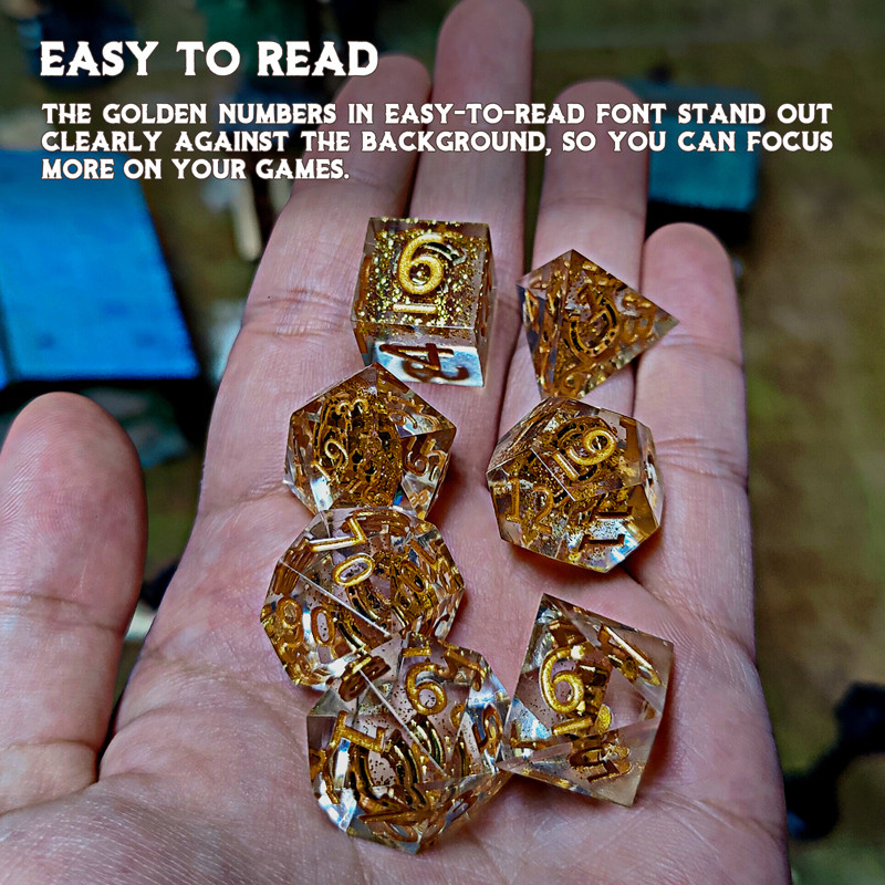 DND Dice Set Transparent Resin Sharp Edge Filled with Lucky Horseshoe