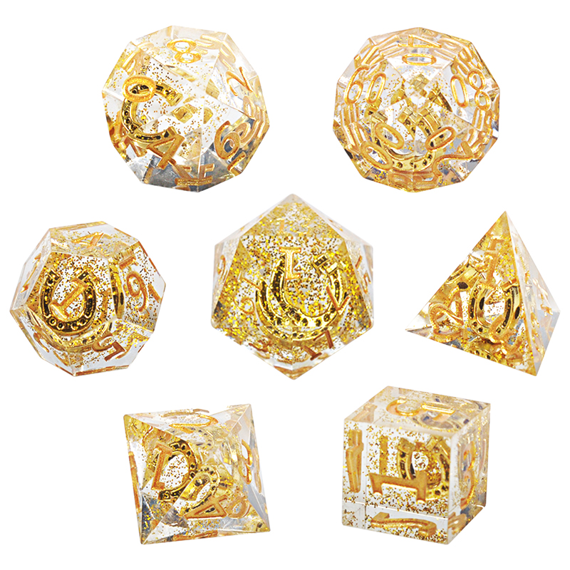 DND Dice Set Transparent Resin Sharp Edge Filled with Lucky Horseshoe
