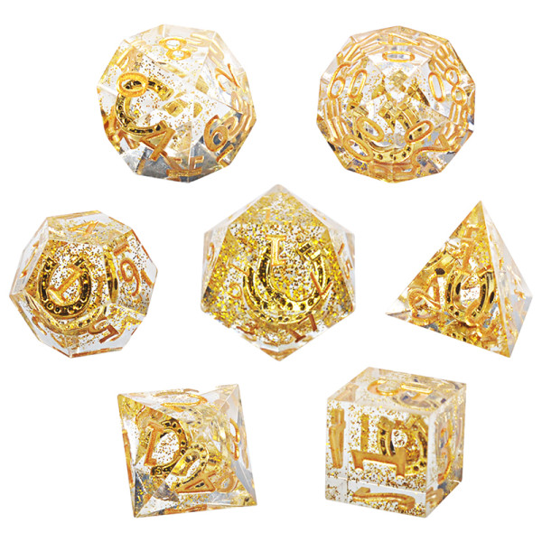 DND Dice Set Transparent Resin Sharp Edge Filled with Lucky Horseshoe & Glitter Inside - 7 Polyhedral Gaming Dice for Dungeons and Dragons, Pathfinder, MTG, Board Games and Tabletop RPG