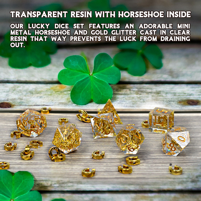 DND Dice Set Transparent Resin Sharp Edge Filled with Lucky Horseshoe