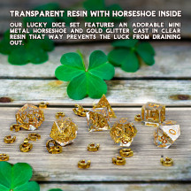 DND Dice Set Transparent Resin Sharp Edge Filled with Lucky Horseshoe & Glitter Inside - 7 Polyhedral Gaming Dice for Dungeons and Dragons, Pathfinder, MTG, Board Games and Tabletop RPG