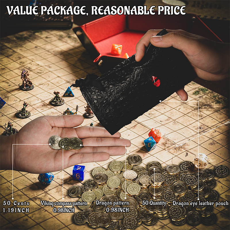  50 PCS Gold Coins & PU Leather Bag, DND Metal Coins, Fantasy  Coins Treasure for Board Games, Fake Coins As Game Tokens for Dungeons &  Dragons, Tabletop TTRPG Games Medieval Retro