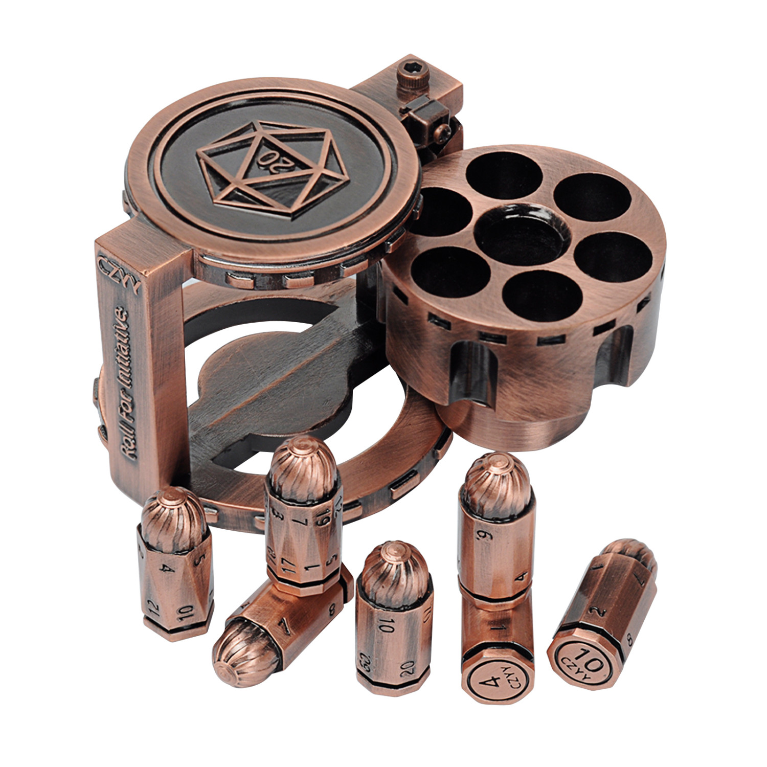 Metal Polyhedral Bullet Dice Set of 7 with Spinning Revolver Cylinder